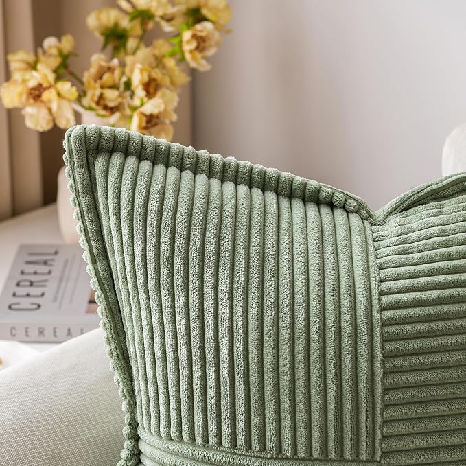 MIULEE Decorative Throw Pillow Covers for Couch Bed Livingroom 16x16 Inch Set of 2 Light Olive Green Boho Accent Throw Pllows Broadside Striped Patchwork Soft Corduroy Summer Pillowcases - Image 5
