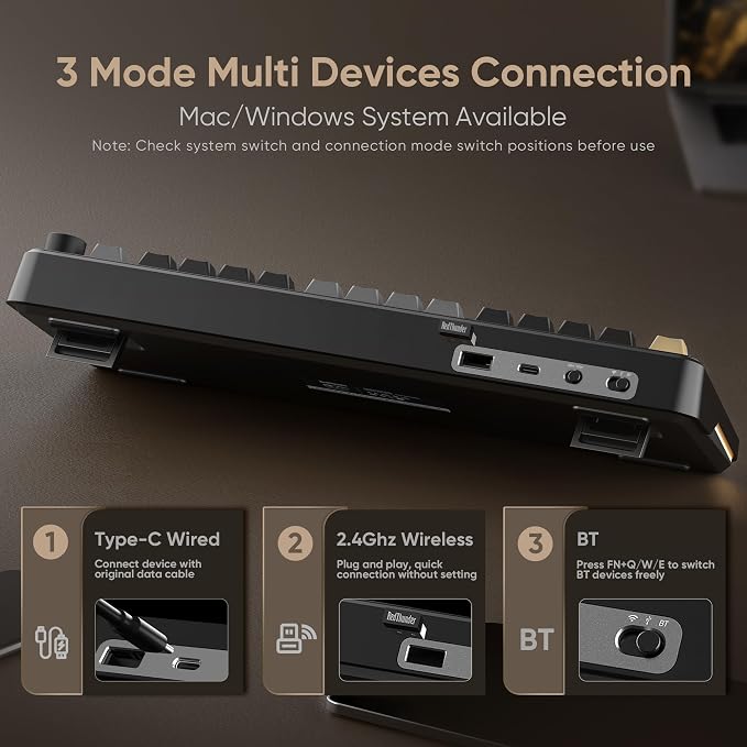 RedThunder K75 Wireless Mechanical Keyboard, CNC Knob, Tri-Mode BT5.0/2.4GHz/USB-C Hot Swappable Custom, Pre-lubed Linear Coconut Switches, Gasket Structure, RGB Gaming Keyboard, Black-Gold - Image 4