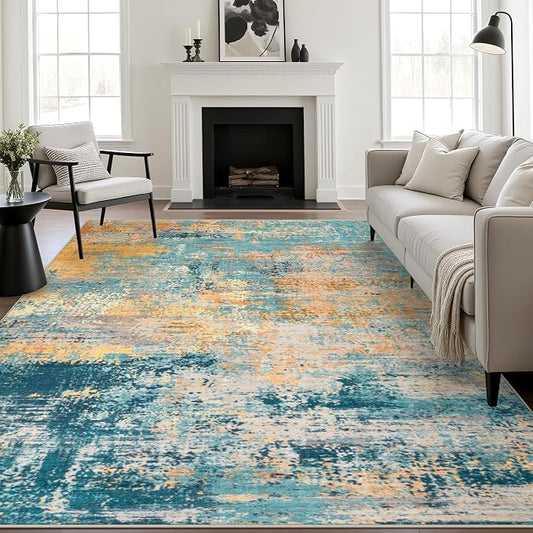 10x12 Area Rug Living Room Rug: Washable Modern Abstract Soft Thin Rug Indoor Floor No Slip Carpet for Bedroom Dining Room Farmhouse Nursery Home Office - Rosy Haze by FXRHLP
