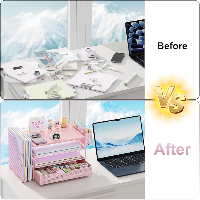 gianotter Wood Desk Organizers and Accessories with File Holder, 4-Tier Desk Accessories & Workspace Organizers with Drawer and Pen Holder, Desk Reference Organizer (Pink, 4T with Drawer) - Image 2
