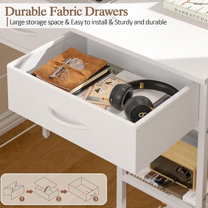 ThreeHio Small Writing Desk with 2 Drawers, White Computer Desk with Storage Shelf, Home Kids Study Table for Small Spaces, Simple Desk for Bedroom, Home Office, Living Room, Dorm, Vanity Desk, White - Image 6
