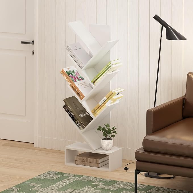 Furinno Tree Book Shelf, 7-Tier Bookshelf, Tree Bookcase with Bottom Shelf, 8.4 x 16.9 x 46.2, for Living Room, Bedroom, Home Office, White - Image 2