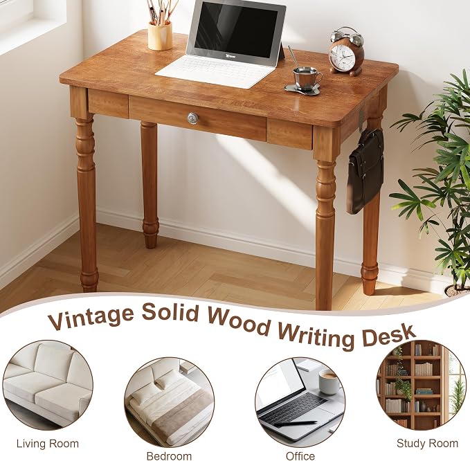 Vintage Solid Wood Writing Desk - 31.5" Mid Century Modern Desk with Drawer, Small Wooden Computer Desks for Home Office, Secretary Desks, Traditional Vanity Dressing Table for Bedroom, Walnut - Image 9