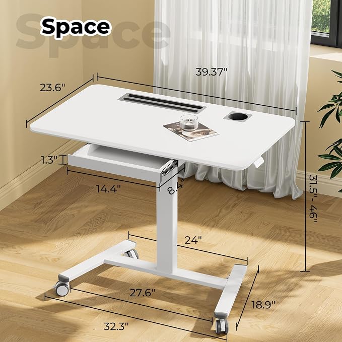40"×24" Mobile Standing Desk with Drawer, Cup Holder & Hooks | Height Adjustable Portable Desk on Wheels, Small Computer Desk, Rolling Laptop Cart for Home Office, Classroom, White - Image 2