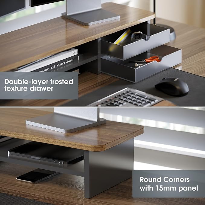 Fenge Monitor Stand, Dual Monitor Riser, 42.5inch Large Desk Computer Monitor Stand Riser with Drawer, 2 Tier Wood & Acrylic Desktop Organizer for Computer, Laptop, Printer, TV Screen Riser - Image 4