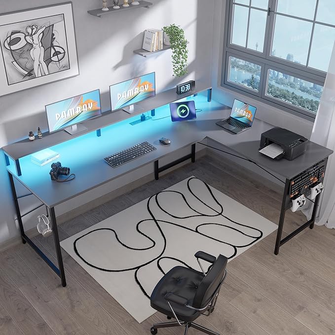 Pamray 64 Inch L Shaped Gaming Desk with Monitor Stand and Power Outlets | Large Corner Computer Desk With Pegboard & Led Lights USB Charging Ports for Home Office Study and Writing Bedroom and Dorms by PAMRAY