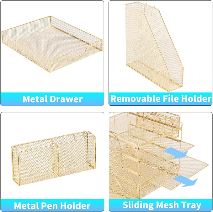 Desk Organizers and Accessories, 5-Tier Paper Letter Tray Organizer with File Holder, Drawer & Pen Holder, Office Desk Accessories, Desktop Organizer for Classroom Office Supplies, Gold - Image 3