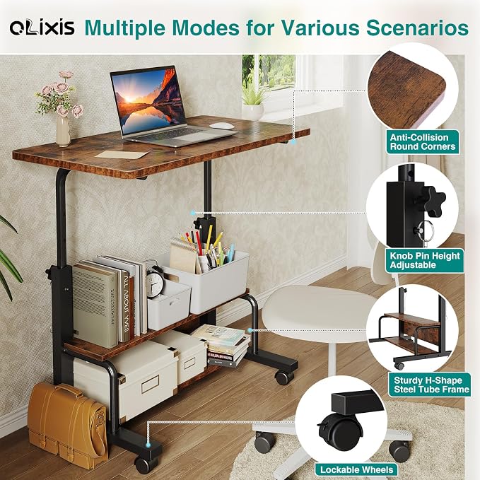 OLIXIS Rolling Desk, Storage Shelves, Laptop Table, Home Office | Height Adjustable Design, Computer Desks on Wheels, Portable for Small Spaces Use, Rustic Brown - Image 4