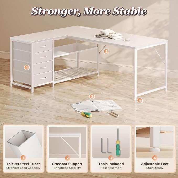 PRAISUN 53" L Shaped Desk with Power Outlets & USB-C Port, Reversible Computer Corner Office Desk with 4 Fabric Drawers and 2 Storage Shelves, Large Desk for Gaming Writing Work Study, White - Image 8
