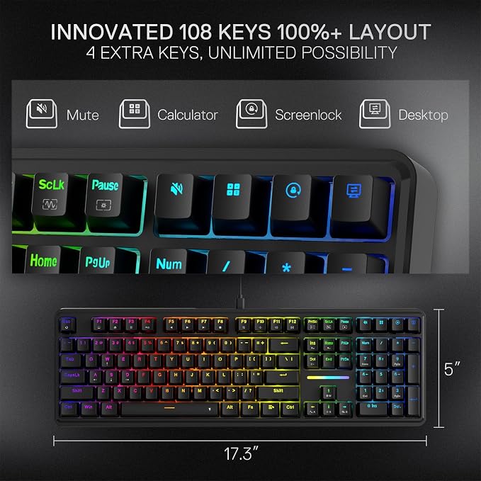 Redragon K745 Wired 108-Key Gasket RGB Gaming Keyboard, 4 Extra Hotkeys | Dedicated Shortcut Keys for Mute, Calc & Desktop, Cushioned 5-Layer Dampening for Creamy Thocky Sound, Programmable Software - Image 6