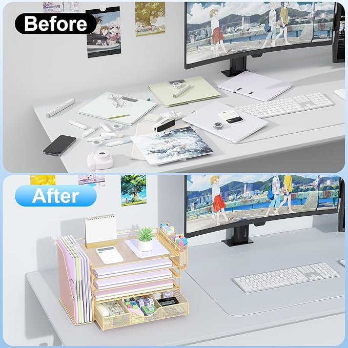 gianotter 5-Tier Desk Organizer with Drawers and File Holders | Letter Trays and Pen Holders - Workspace Accessories for Office Supplies (Gold) - Image 2