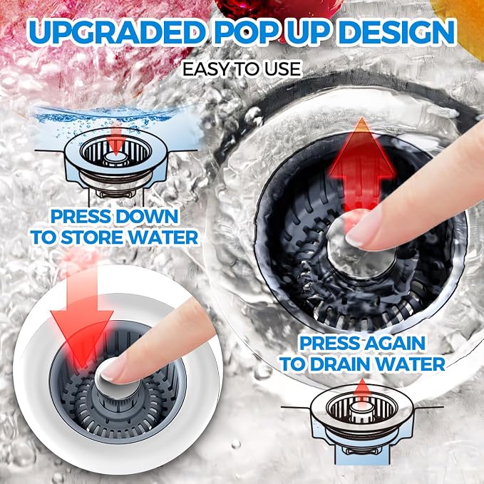 zaa 3 in 1 Kitchen Sink Drain Strainer Stopper Removable Basket Pop-Up | Kitchen Sink Accessories 3 Pack Silver Stainless - Food Catcher, Odor-Blocking Seal, Fits 3.5" Drain, Easy Clean - Image 3