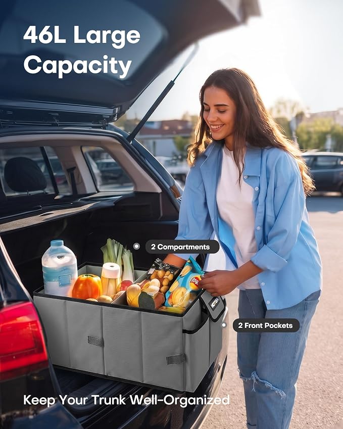 HOTOR Trunk Organizer for Car - Car Organizer, Foldable Trunk organizer for SUVs & Sedans, Sturdy Organization for Car Accessories, Tools, Sundries, Grey, 2 Compartments, 21.3"×12.6"×10.6" - Image 3