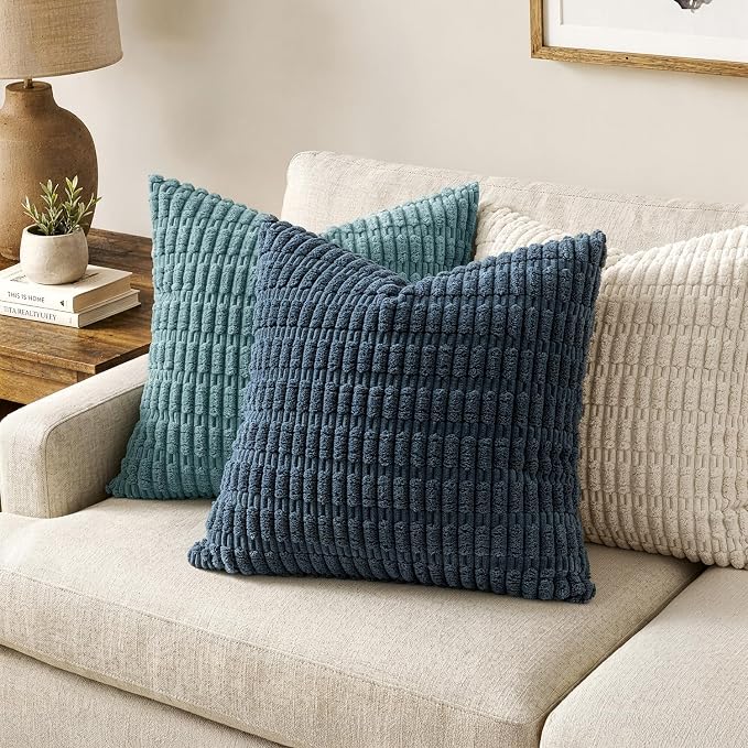 MIULEE Pack of 2 Corduroy Decorative Euro Sham Throw Pillow Covers 24x24 Inch Soft Boho Striped Pillow Covers Modern Farmhouse Home Decor for Summer Coastal Sofa Living Room Couch Bed Blue - Image 3