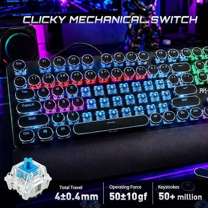 RK ROYAL KLUDGE S108 Typewriter Mechanical Keyboard, Wired Gaming Keyboard with Number Pad, Full Size Retro Keyboards w/Detachable Wrist Rest for Mac/Win/PC, Clicky Blue Switch, Rainbow Backlit Black - Image 3