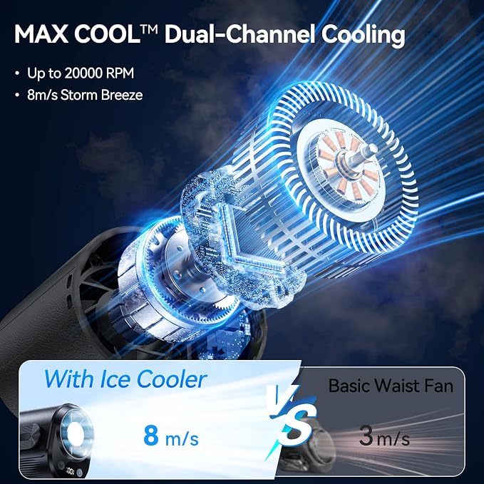 KIMMOO AI Portable Rechargeable Waist Fan with Ice Cooler, 24H Max Cooling, 100-Speed 20000RPM Turbo Cooling Battery Personal Fan, Hands-Free Shirt/Belt/Neck Fan for Work Outdoor Travel, Black - Image 3