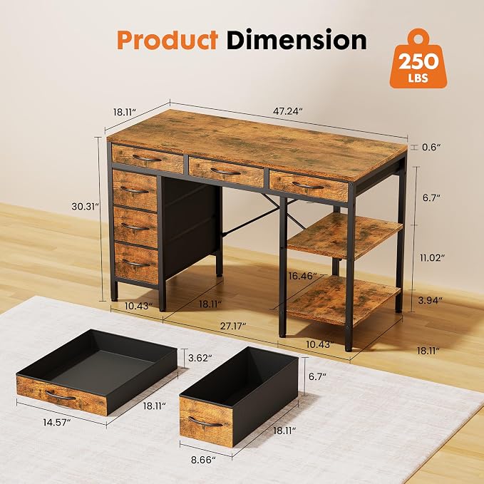 Sweetcrispy 47" Computer Desk with 6 Fabric Drawers & Storage Shelves | Reversible Gaming Desk, Office Desk, Computer Workstation, Corner Desk with Storag, Home Office, Living Room, Rustic Brown - Image 3
