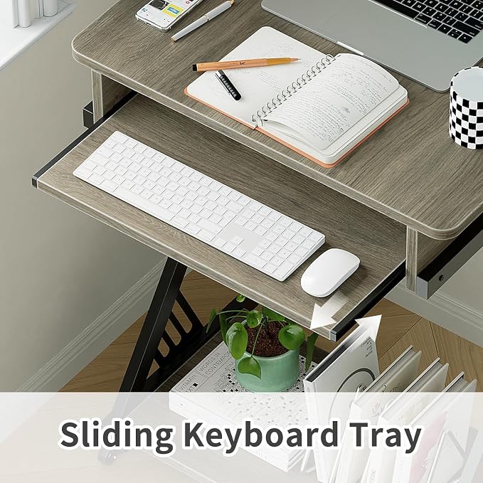 ALISENED Computer Desk for Small Spaces Compact Desk with Keyboard Tray | 23.6" Z-Shaped, with Wheels and Bottom Shelves, for Home Office, Computer Cart Mobile Laptop Cart, Grey - Image 4