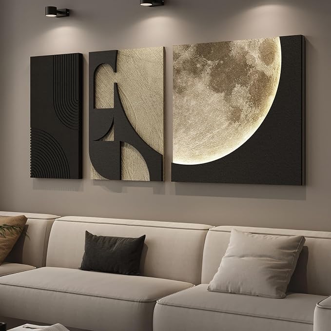 3D LED Abstract Wall Art for Living Room, 3 Piece Neutral Geometric Relief Artwork with Moon Design, Modern Minimalist Black Beige Paintings Wall Decor for Bedroom Dining Room Hallway Entryway Office by Cuspin