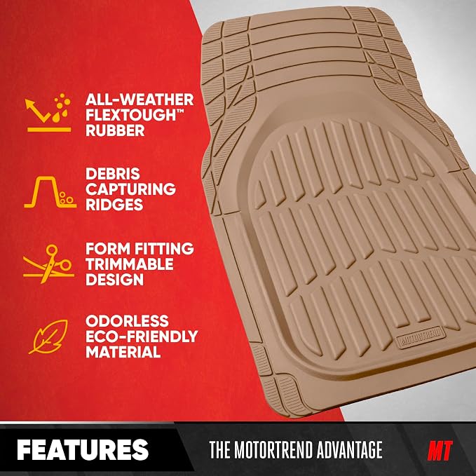 Motor Trend FlexTough LITE Rubber Car Mats Full Set - All Weather Floor Mats for Trucks, Cars & SUVs - Automotive Waterproof Beige Car Floor Mats for Cars Interior Accessories Universal Trim-to-Fit - Image 2