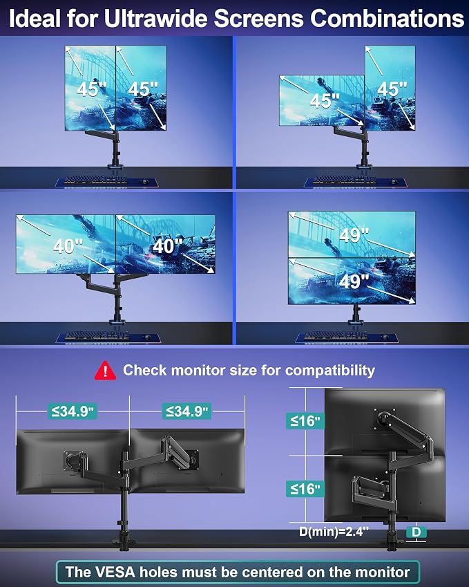 MOUNT PRO Dual Monitor Arm for Max 49" Ultrawide Screens up to 44 lbs, Heavy Duty Extra Tall Monitor Desk Mount, Vertical Stacked Adjustable Dual Monitor Mount, VESA Mount 75x75mm/100x100mm - Image 5