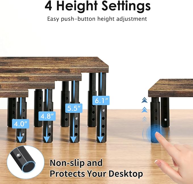 OPNICE Adjustable Monitor Stand Riser for Desk, Computer & Laptop Stand, Desk Organizers and Accessories, Office Desk Accessories & Workspace Organizer for Home Office, Brown Wood 2-Pack - Image 2