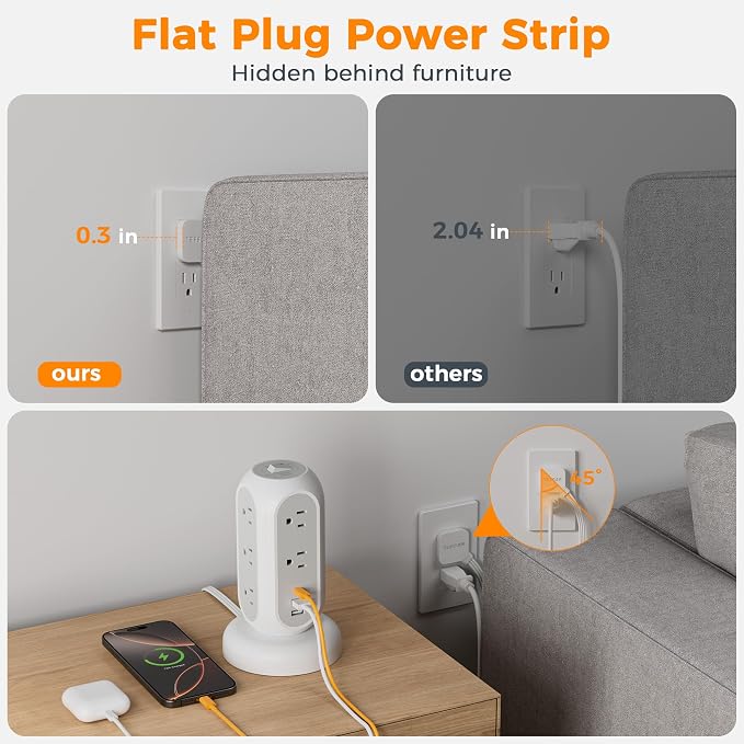 TESSAN Tower Power Strip Flat Plug with 1050J Surge Protection, 5 Ft, Grey | 11 Outlets 3 USB (1 USB C), Surge Protector Power Tower, Retractable Extension Cord with Multiple Outlets for Dorm, Office - Image 4