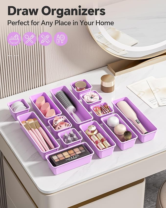Canfanni 13 Pack Plastic Drawer Organizers Set, 3 Sizes Desk Drawer Organizer Trays for Vanity and Makeup Organizer, Organization and Storage for Makeup, Kitchen Utensils, Bathroom and Office(Purple) - Image 6