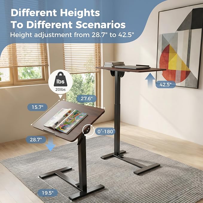 Overbed Table Adjustable Bedside Desk with Wheels Brown | Pneumatic Lift Design Offers Easy Height Adjustment for Bed and Sofa Use - Image 2