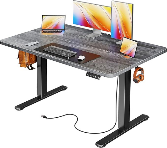 Huuger Electric Standing Desk with Power Outlets and USB-C Port, 47 X 24 Inch Height Adjustable Desk, Sit Stand Desk for Home Office, Computer & Gaming Desk with 4 Presets, Stable Steel Frame, Grey by Huuger