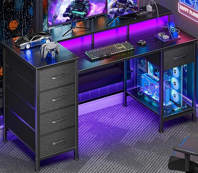 Korfile 47 Inch Gaming Desk with Power Outlets and LED Lights, Reversible Computer Desk with 5 Fabric Storage Drawers, Home Office Desk with Monitor Stand for Working Writing Study, Black | Gaming desk with power outlets &LED lights,reversible design w... by Korfile