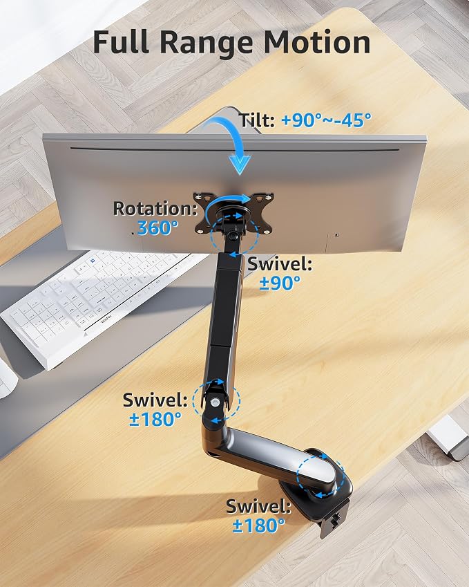 MOUNTUP Single Monitor Desk Mount Holds Screen up to 32 inch, Height Adjustable Monitor Arm, Full Motion Computer Monitors Stand with Clamp/Grommet Base, VESA Mounts Fit 4.4-17.6lbs Computer, Black - Image 5