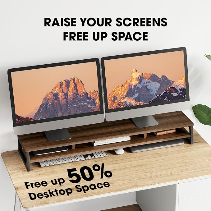 Fenge Dual Monitor Stand for Desk, 42.5in Large Monitor Riser for 2 Monitors, 2 Tier Computer Office Desk Top Shelf, Desktop Storage Stand for Laptop, PC, Computer, Printer - Image 4