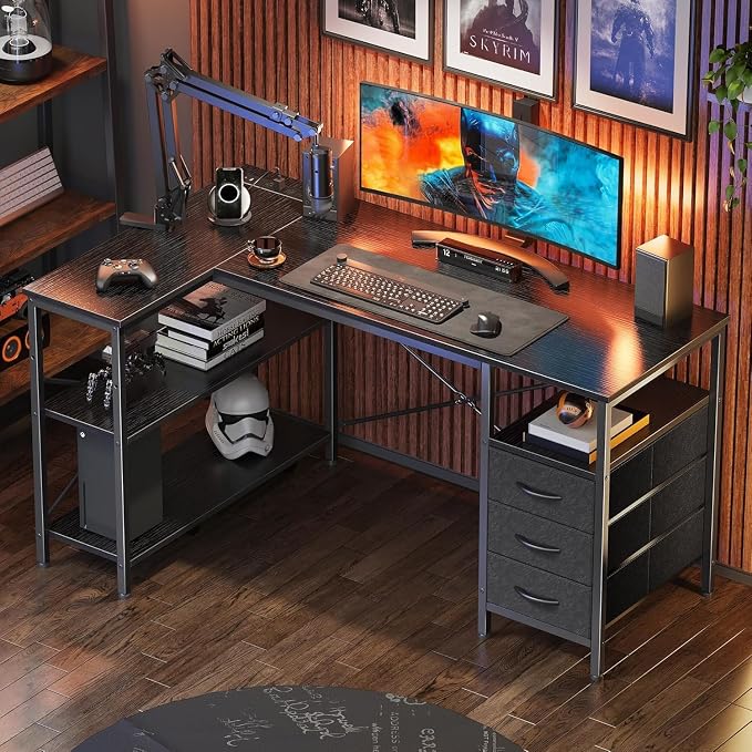Alpen Computer Desk with Drawers, L Shaped Desk for Bedroom with Power Outlets, Gaming Table with Storage Shelves, Corner Desk for Gaming, Study Writing PC Table, 47.2 Inch, Black - Image 2