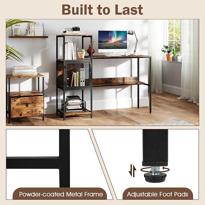 Giantex Computer Desk with Bookshelf, Modern Computer Workstation Home Office Desk with Storage Cabinet & Shelves, Metal Frame, Study Writing Desk for Small Space, Bedroom, Rustic Brown - Image 4