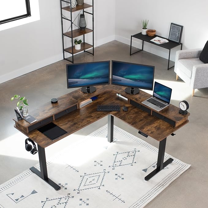 VIVO Vintage Brown 63 x 55 in Corner Standing Desk, DESK-E3CVN | Electric, 2-Tier, L-Shaped, Sit Stand, Height Adjustable, Memory, Rustic Vintage Brown Top, Black Frame, Black Drawers - Image 7