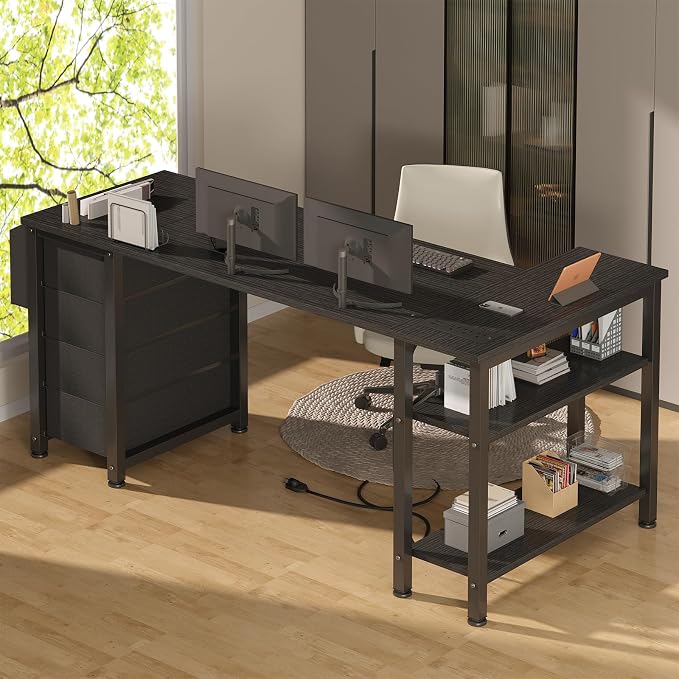 Lufeiya L Shaped Gaming Desk with Drawers & Storage Shelves, 55 Inch Corner Computer Desk with Power Outlet for Home Office Bedroom, L-Shaped Teen PC Desks with Fabric Drawer, Black - Image 4