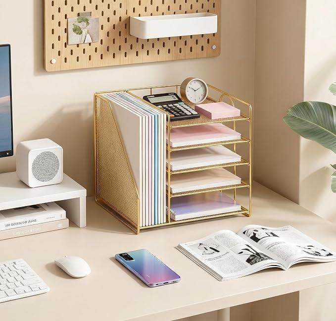 OPNICE 5-Tier Desktop File Paper Organizer, Desk Organizers and Accessories, Office Desk Accessories & Workspace Organizers for Home Office Supplies, Gold - Image 2