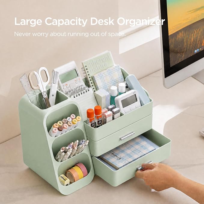 HBlife Desk Organizer with Pen Pencil Holder for Desk, Pen Organizer with 2 Drawers, Desk Organizers and Accessories with 4 Compartments, Desktop Storage for Office Home School Art Supplies, All Green - Image 2