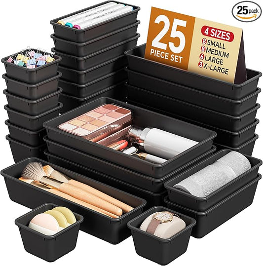 KEMETHY 25 PCS Plastic Drawer Organizers Set, 4 Sizes Vanity Organizer | Makeup and Desk Drawer Organizer Trays, Organization and Storage for Makeup, Bathroom, Kitchen Utensils and Office (Black) by KEMETHYFocusesonCreatingEfficientStorageProductswithQualityMaterials