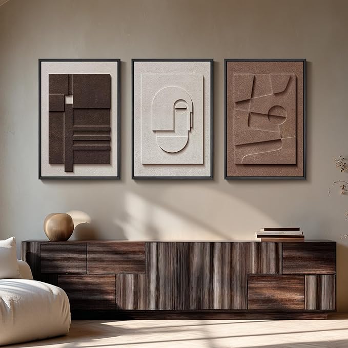 Large 3D Textured Framed Neutral Abstract Wall Art, 3 Piece Modern Artwork for Walls, Minimalist White Brown Geometric Wall Paintings for Living Room, Dining Room, Lounge, Bedroom Wall Decor 20x30 In by Cuspin