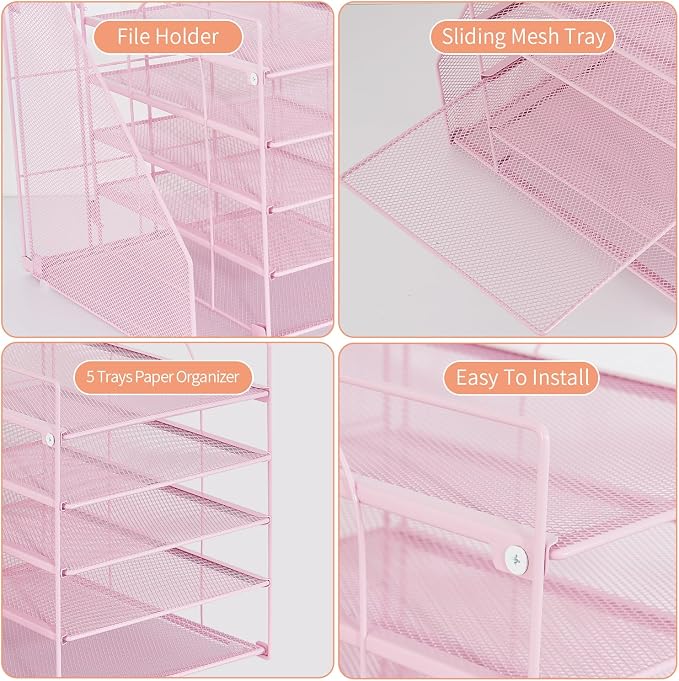 LEKETREE Desk Organizers and Accessories, 5-Tier Paper Letter Tray Organizer with File Holder, Desktop Organizer for Office Supplies (Pink) - Image 5