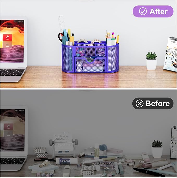 EasyPAG Mesh Pen Holder Desk Organizer with Drawer Stationery Supplies Organizer for Dorm School 9 Compartments Workspace Desk Accessories Organization for Office, Purple - Image 5