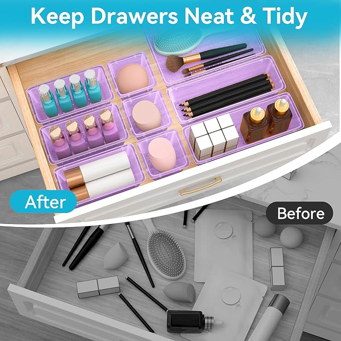 12 PCS Drawer Organizer Set, Makeup Organizers, Tool Storage Trays, Pueple | 4 Sizes, Plastic, Stackable, Multiple Gadgets, Desk Drawer Divider Organizers, for Makeup, Office Supplies Storage - Image 5