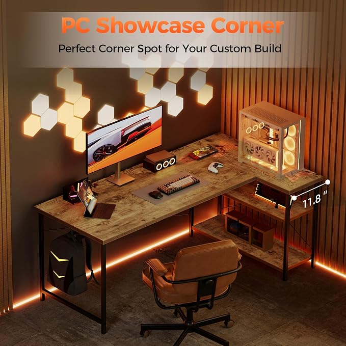 Mericonia 39 inch Corner Desk with Shelves, Small L Shaped Gaming Desk | Reversible Computer Desk with Hooks, Office Table for Home Bedroom Study Work Writing - Image 9