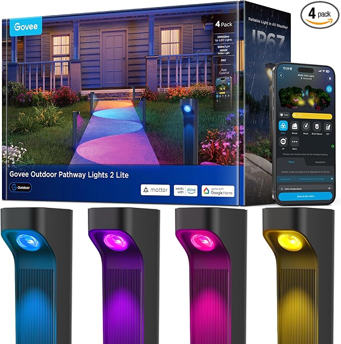 Govee Outdoor Pathway Lights 2 Lite, 4 Pack, 190 lumens, IP67 Waterproof | 16 Million Colors, 60+ Scene Modes, for Path, Landscape Lighting, Outdoor, Compatible with Alexa, Google Assistant, Matter by Unknown