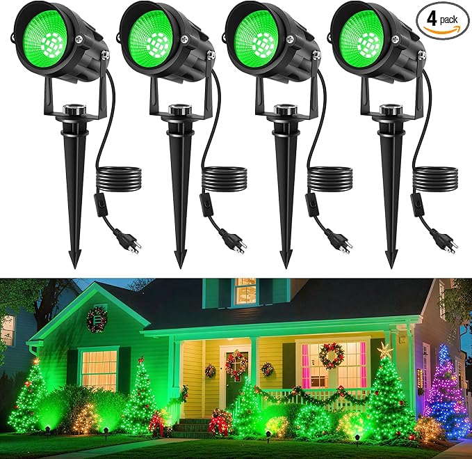 Green Landscape Lights Outdoor, 14 LED Landscape Lighting with US Plug, IP65 Waterproof Spotlights for Tree Yard Garden Pathway St. Patrick's Day Halloween Christmas Decor 4 Pack by CREPOW