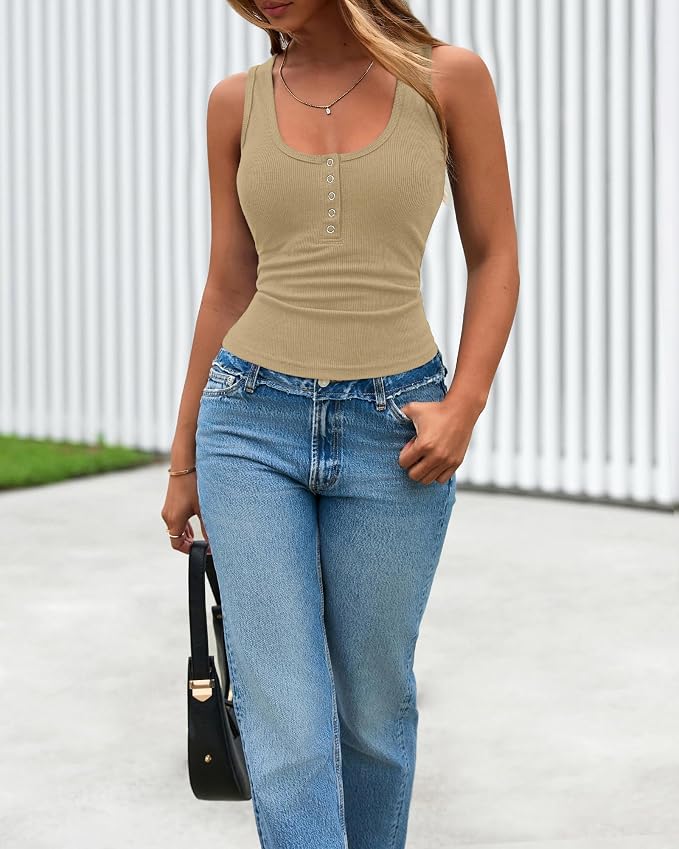 BTFBM Summer Tops for Women 2026 Scoop Neck Ribbed Henley Button Sleeveless Casual Spring Basic Tank Top Clothes Outfits - Image 6