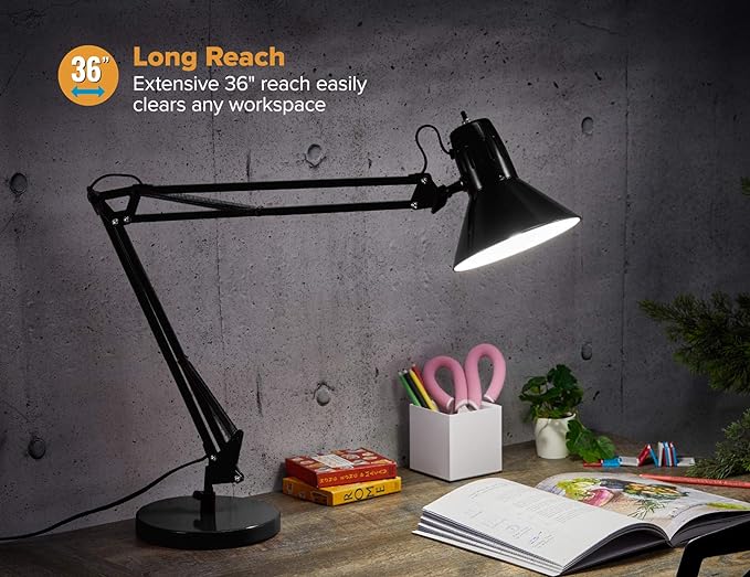 Bostitch Office VLF100D Swing Arm Desk Lamp, Metal, 36" Reach with Multi-Joint Adjustment, Includes Replaceable LED Bulb (VLF), Black - Image 2