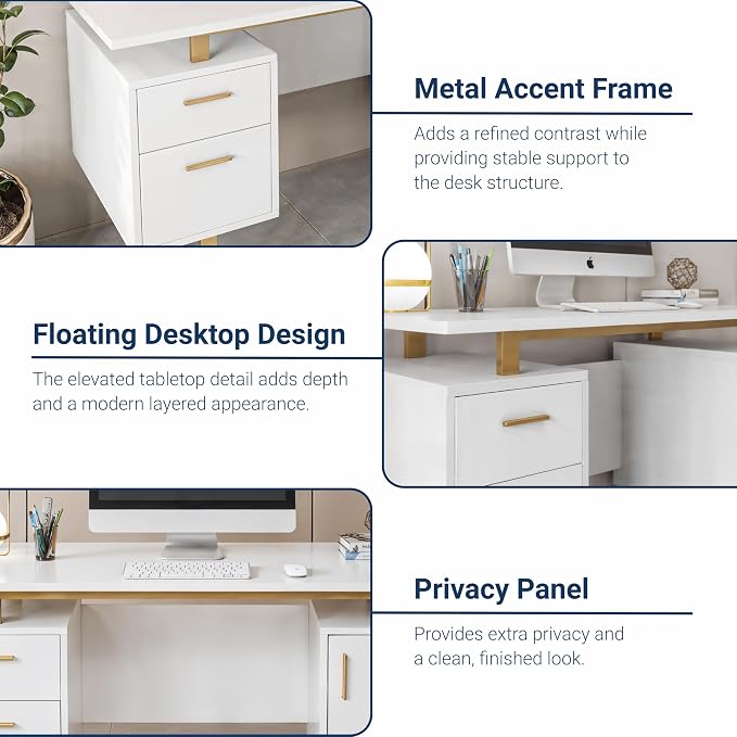 Techni Mobili Storage Drawers and Cabinet 51.25” W-Modern Office Large Floating Desktop Surface Desk, 23.6" D x 51.2" W x 29.8" H, White/Gold | Home office workstation, durable construction, everyday productivity, Ideal for home office, Workspace organ... - Image 7